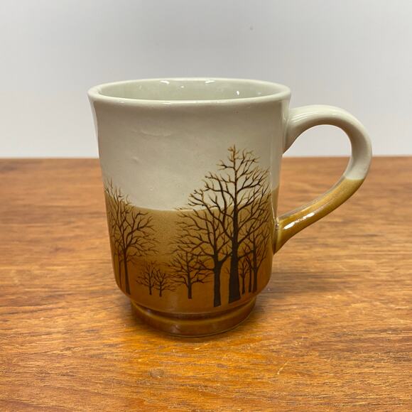 Vintage Bare Trees Coffee Mug Brown Tan Three Tone Glaze 8 oz Fall Winter Scene - Picture 1 of 9